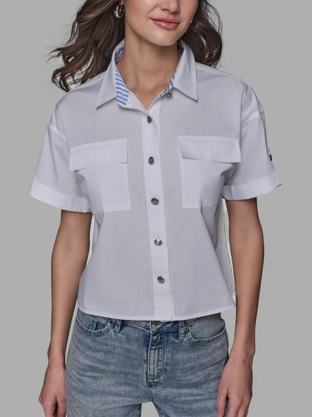 KARL LAGERFELD PARIS Limited Edition Poplin Short Sleeve Button Crop Top Shirt